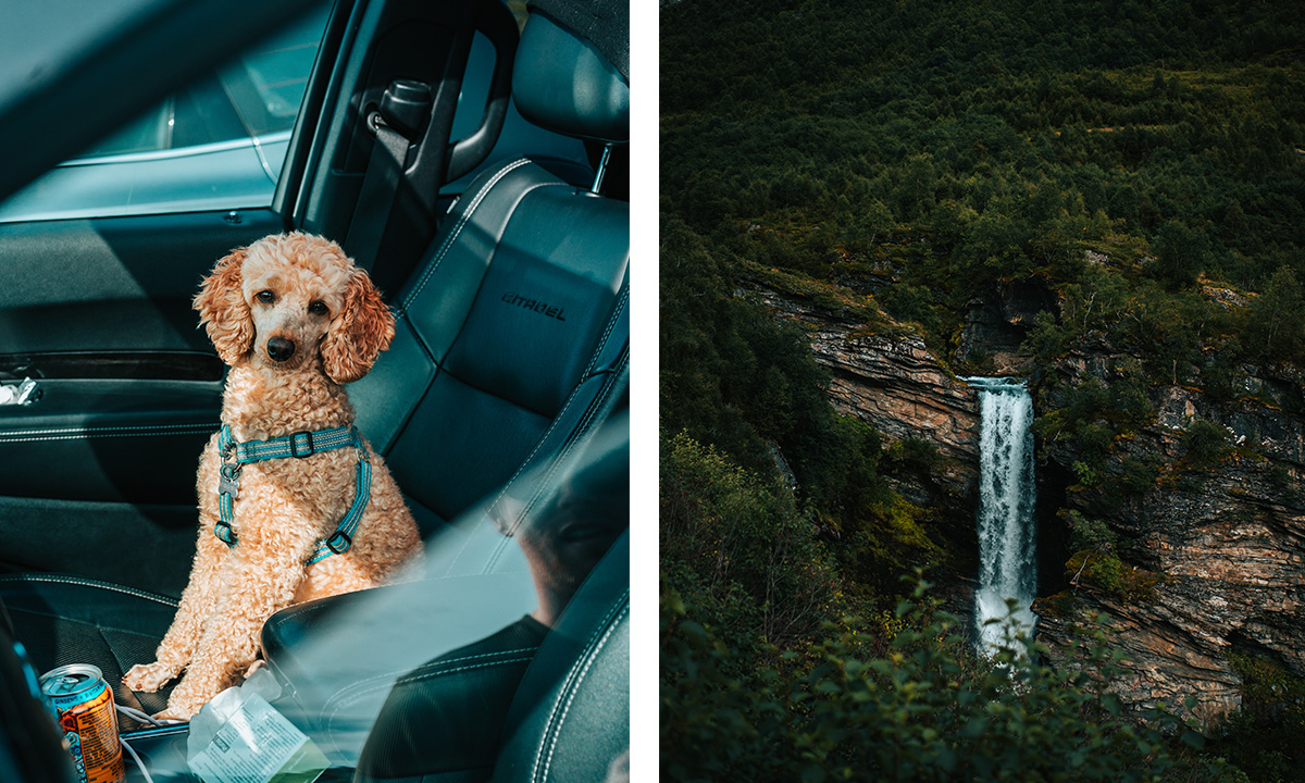 Ejli i bil och vattenfall i Geiranger